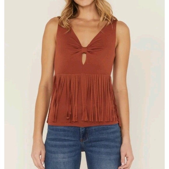 Idyllwind Tops - Idyllwild by Miranda Lambert Cowgirl Twist Front & Fringe Tank Top Rust Large